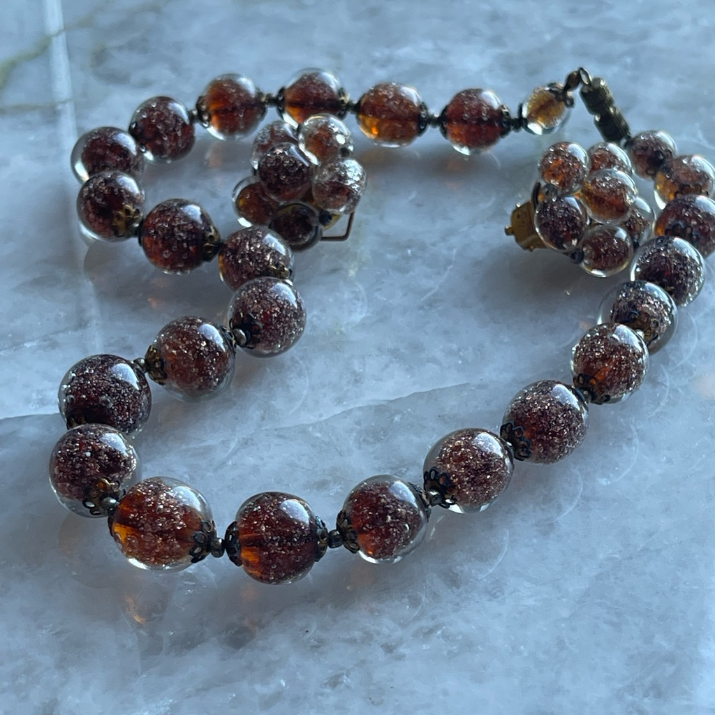 Vintage Italian Murano Venetian Aventurine Glass Bead Necklace With Earrings